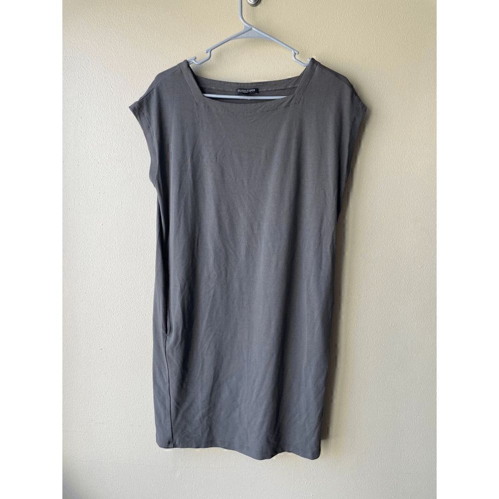 Eileen Fisher Petite Grey Green Sleeveless Swing Dress with Pockets Size P Small